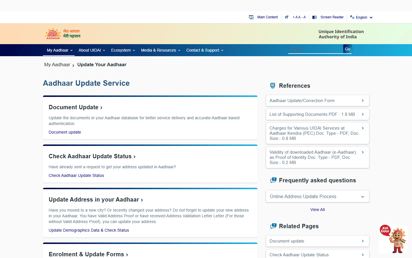 UIDAI Update Your Aadhaar help page showing update service options
