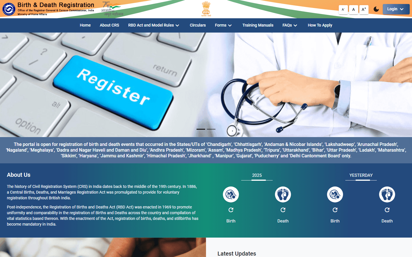 CRS portal homepage showing death registration option