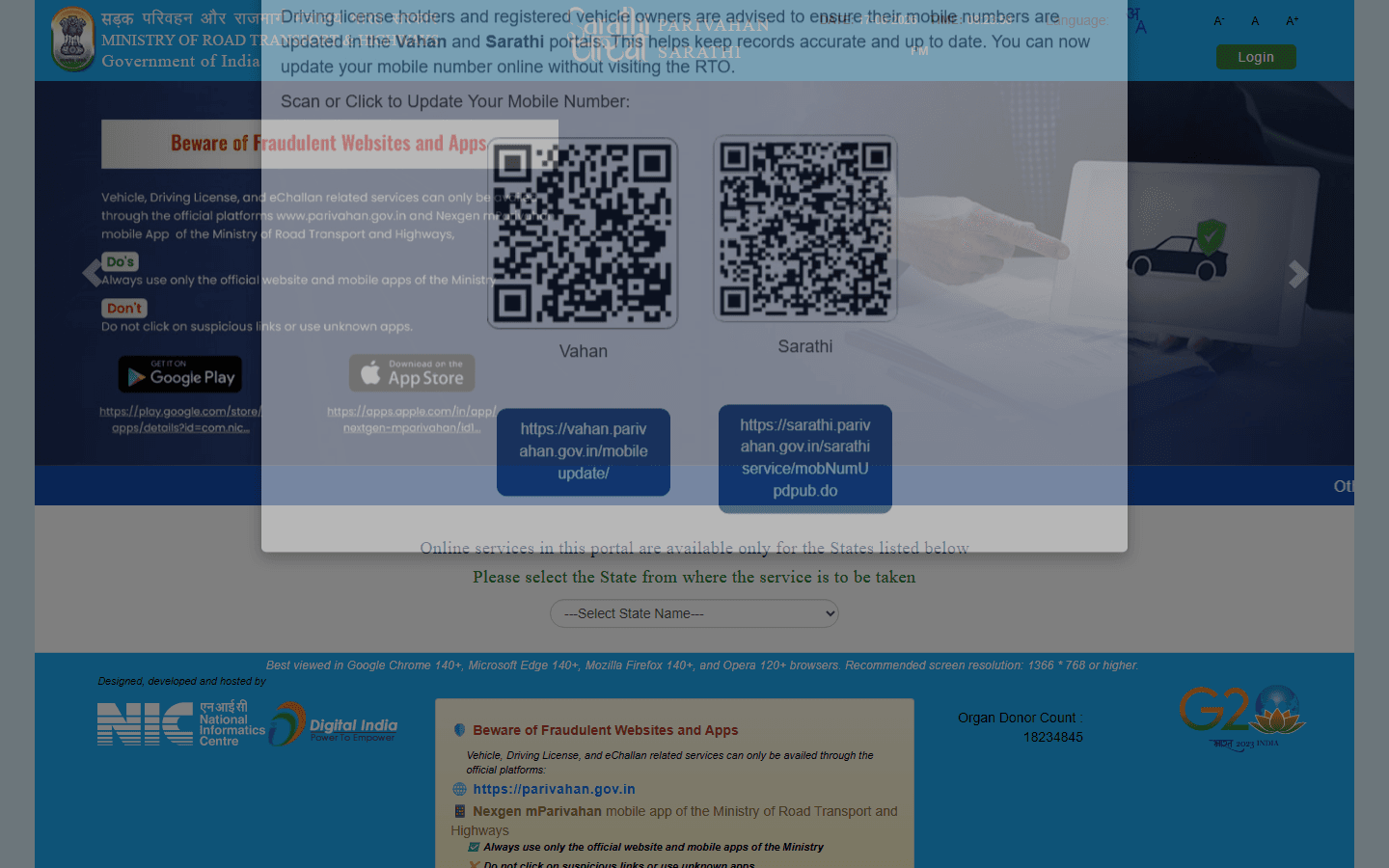 Sarathi portal homepage with state selection