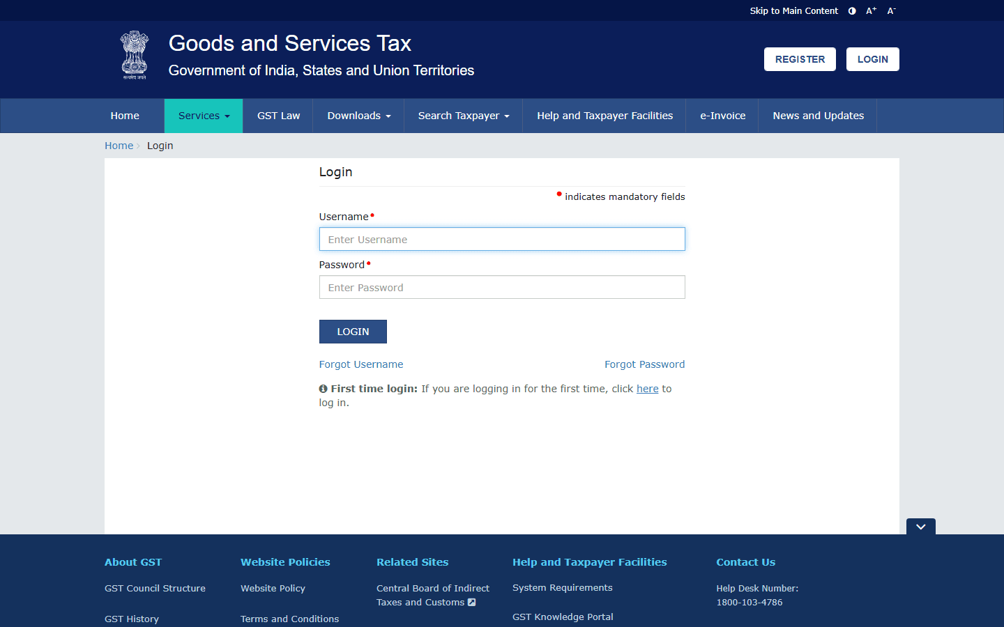 GST portal login and registration page