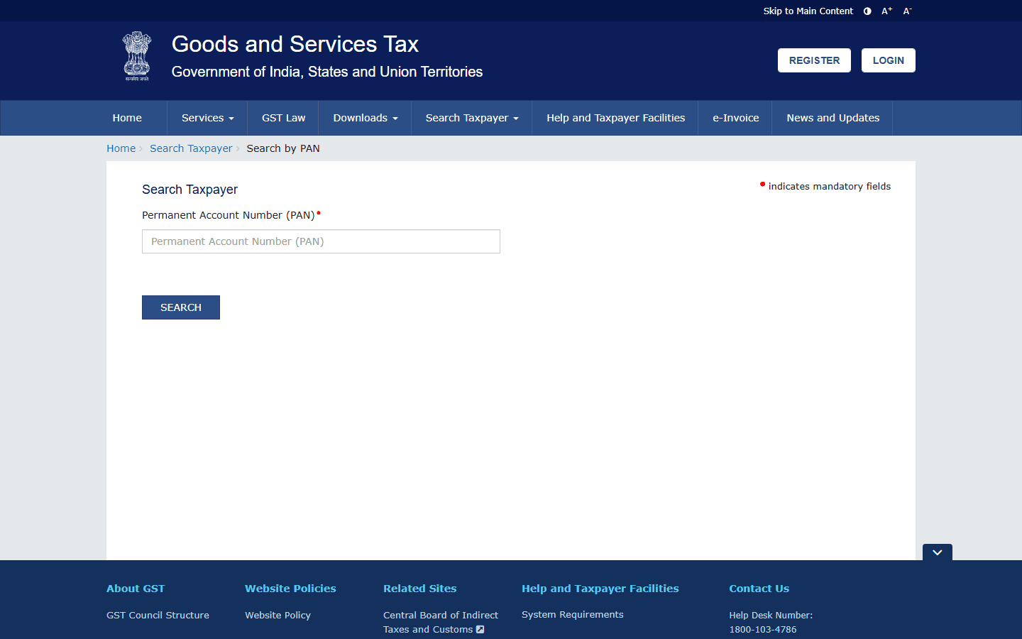 GST portal search taxpayer by PAN page