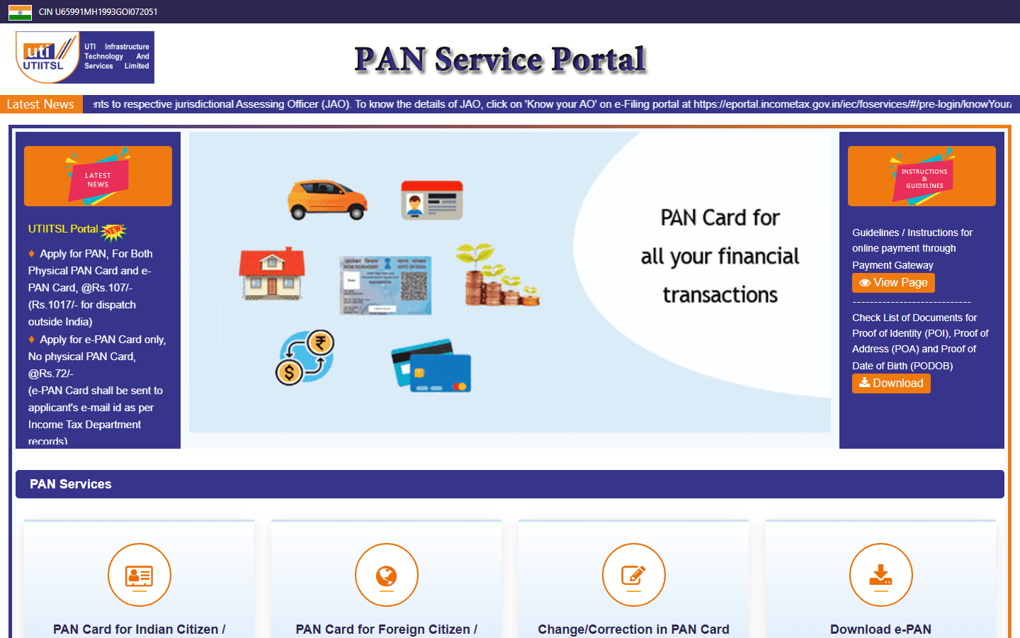 UTIITSL PAN services homepage